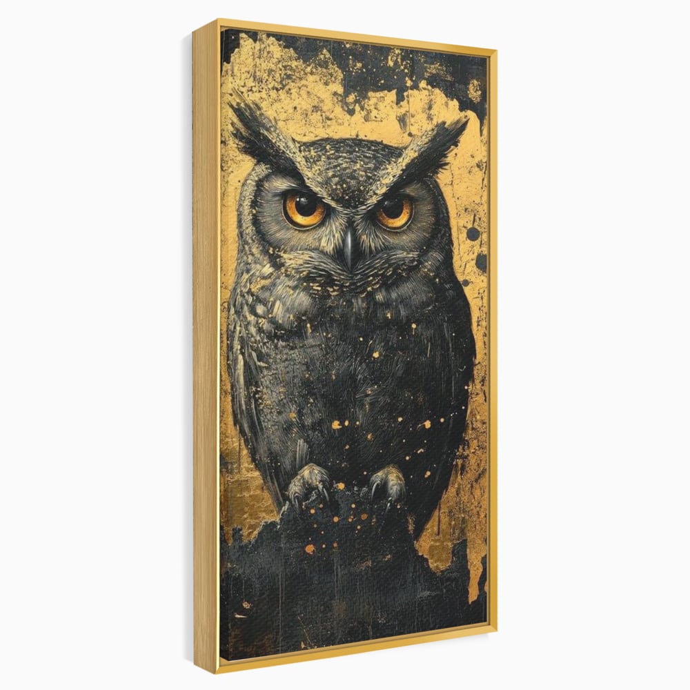 Tablou canvas cu tablou canvas cu bufnita neagra si fundal auriu, in rama de aluminiu auriu